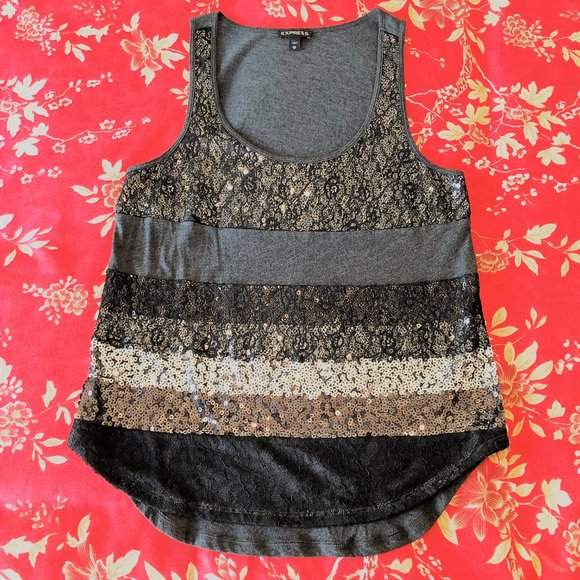 Sparkly Gray Sequin & Lace Tank Top by Express XS - Picture 8 of 16